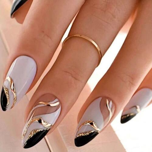 24 PCs Long French Minimalist Color Matching Nails with 1 Je