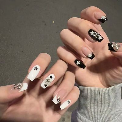 24pcs White Black Fake Nails Long Square Y2k Style Press On