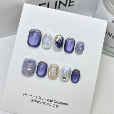 10pcs/set Handmade Dreamy Blue Press-On Nails Short Ballet S