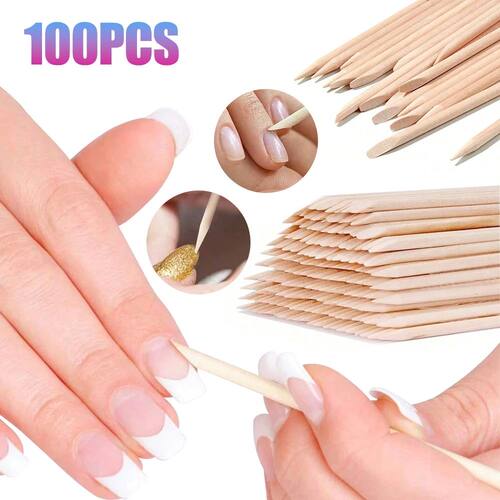 100Pcs Orange Wood Sticks for Nails Double Sided Cuticle Pus