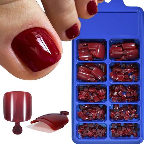 100Pc/Set Solid Color Simple Foot Fake Nails Artificial Red