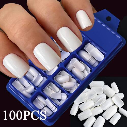 100pcs Milk White/Pink Square Short Round False Nails Full C