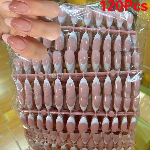 120Pcs Medium French Almond Press on nails White Edge False