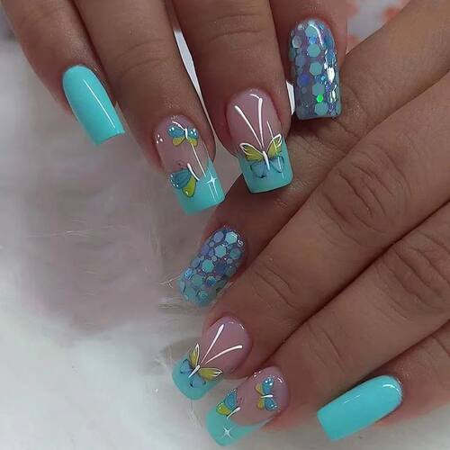 24pcs Square Short Fake Nails Blue Green Butterfly French Fa