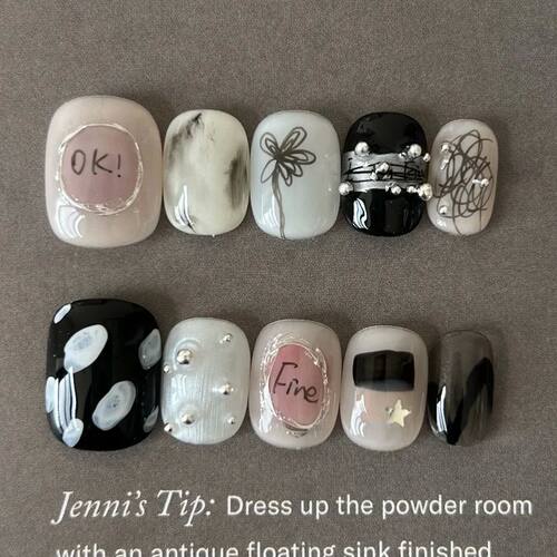 30pcs Graffiti Letter Print Press on Nails Silver Metal Stud