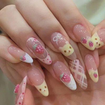 10Pcs Almond Press on Nails with Pink Strawberry Bear Design