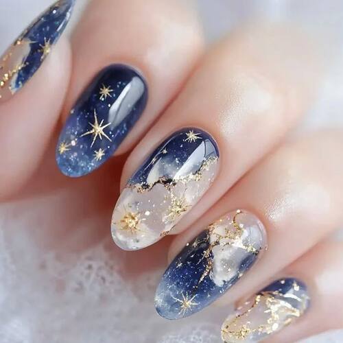 24pcs Smudging Blue False Nails Gentle Almond Gold Star Patt