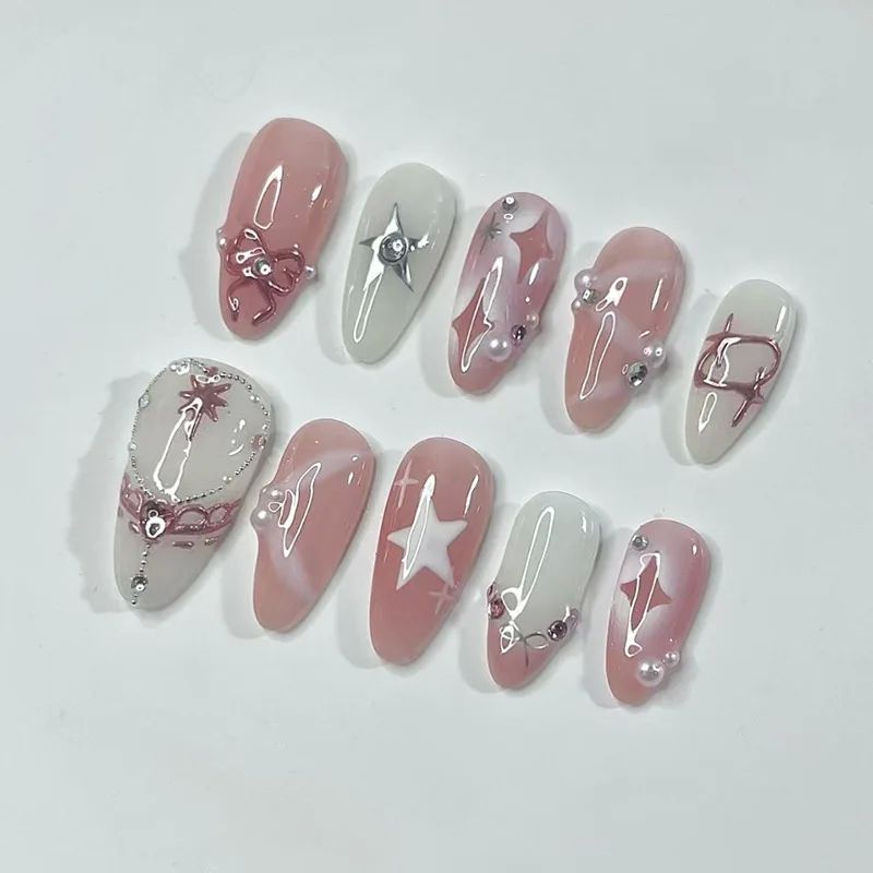 24PCS Pink Star Bow Press on Nail Gentle Blush French Almond