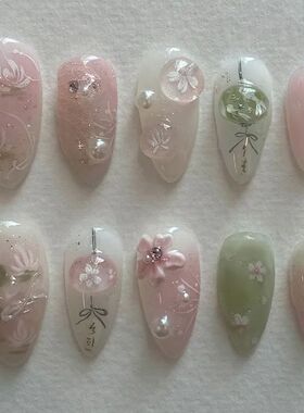 24pcs Sweet Almond Fake Nail Tips Hand-painted Flower Pearl