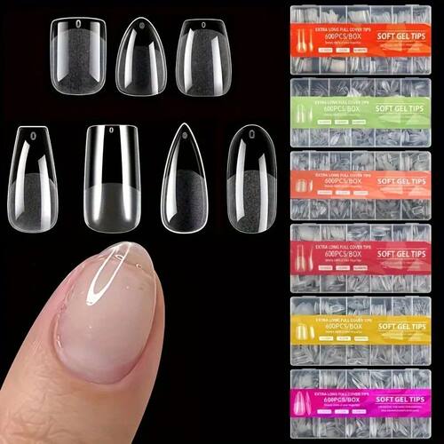 600Pcs Nail Tips Short Almond Shaped Half Matte Clear Acryli