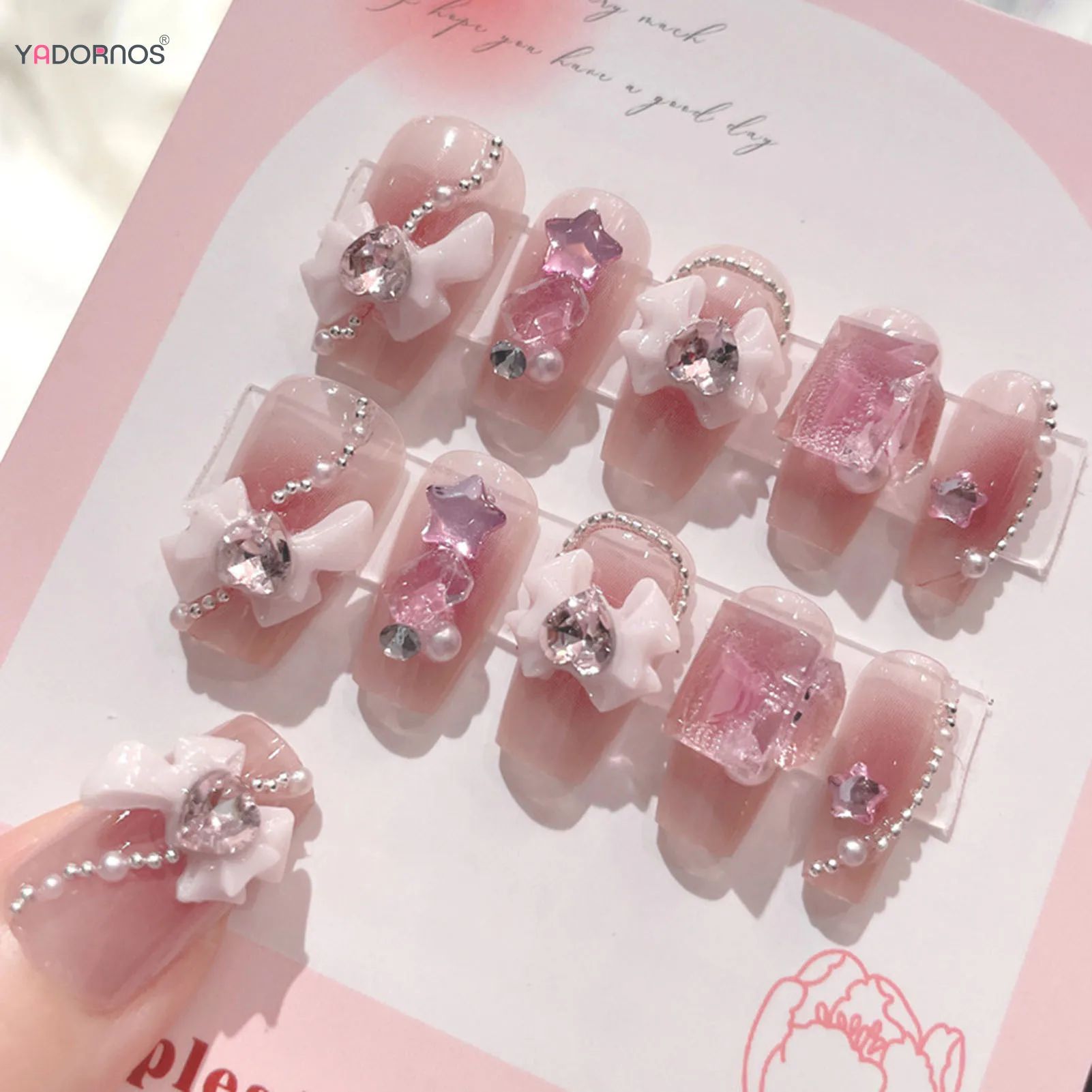Blush Pink False Nails Bowknot Diamond Pearl 3D Design Press