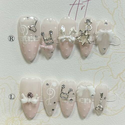 Musical Notes Pink Retro Cute Lace Polka Dots French Almond