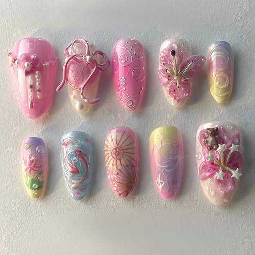 24pcs Bow Pink Press on Nails Tips Sweet Cute Flower Design