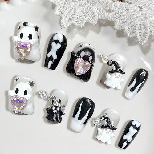 Halloween Style False Nails Black White Handmade 3D Little G