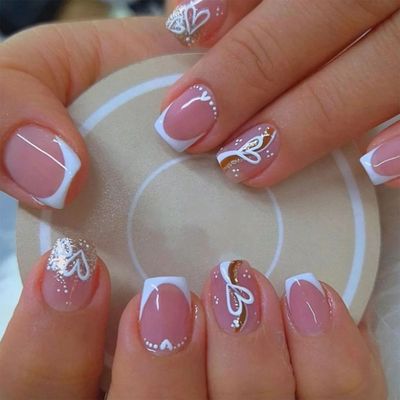 24PCS nude pink short square fake nails, Gold lines, love de