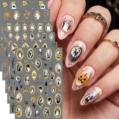 6 Gothic Halloween Nail Stickers, Gold Frame Ghost, Dark Bat
