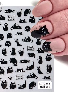 Cute Black Cat Nail Stickers Decals 3D Cat Flowers Nail Art