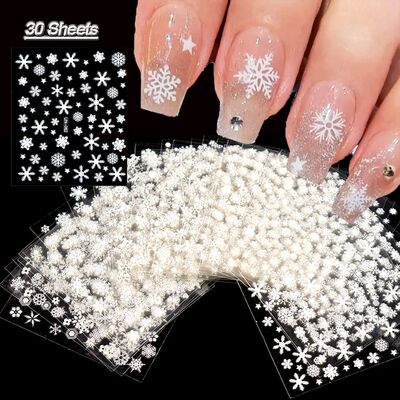 30 Sheets Christmas Nail Art Stickers Self Adhesive 3D White