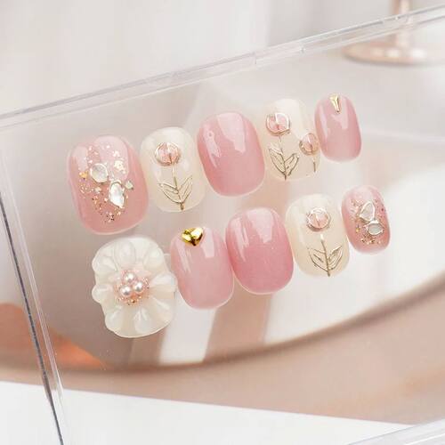 10pcs Blue Pink Handmade Press on Nails with Flower Short Ba