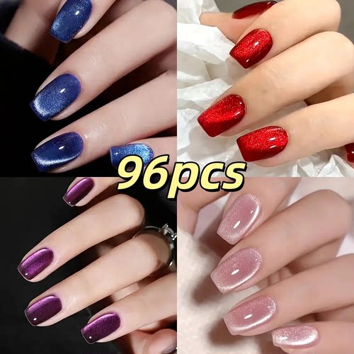 96pcs 4color Glossy Short Square Cat Eye Press on Nails Red