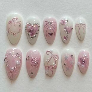 24Pcs Mid-length Almond Reusable Press on Fake Nails with Bo