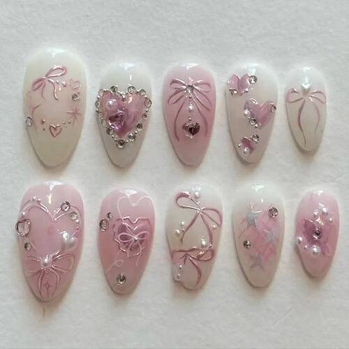 24Pcs Mid-length Almond Reusable Press on Fake Nails with Bo
