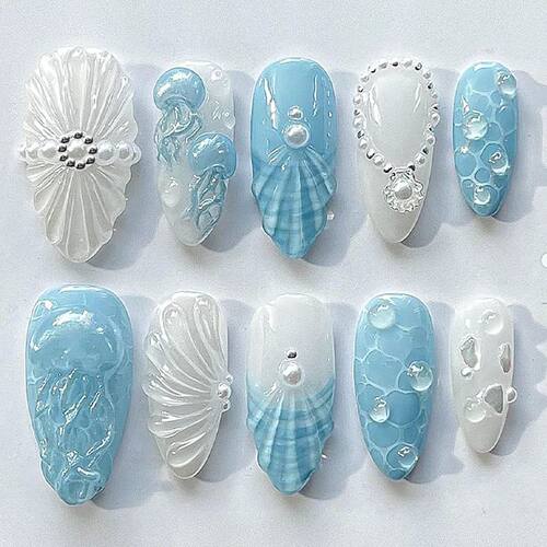 24Pcs Summer Ocean Style Press on Nails with Pearl 3D Blue F