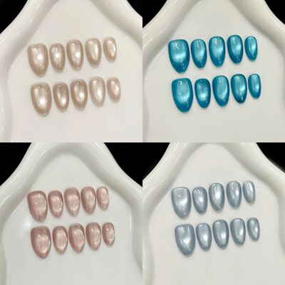 10pcs Handmade Press on Nails Solid Color Glass Bead Cat Eye
