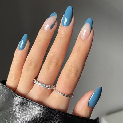 24Pcs Blue Detachable Almond False Nails Wearable Fake Nails