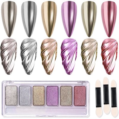 6 in 1 Solid Chrome Nail Powder 6 Colors Mirror Metallic Gol