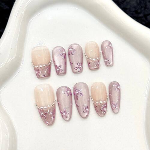 10pcs Handmade Purple Cat Eye Press on Nails Summer Flowers