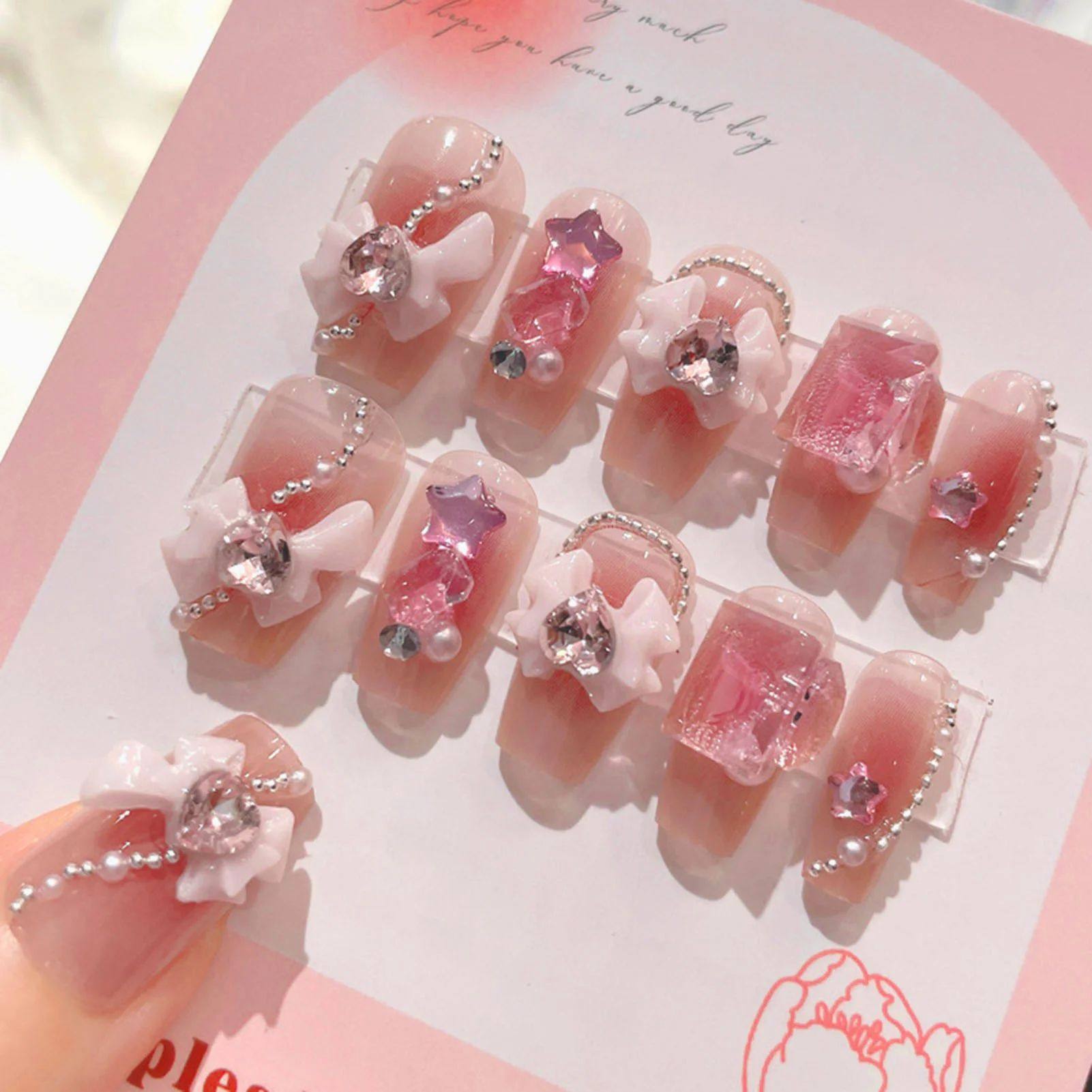 24pcs Sweet Cute Bow False Nails with Pink Crystal Design Fa