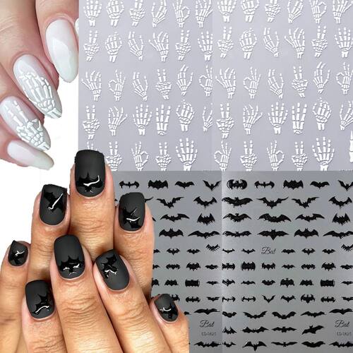 5D Skeleton Bat Halloween Nail Art Stickers y2k Black Bat Wh