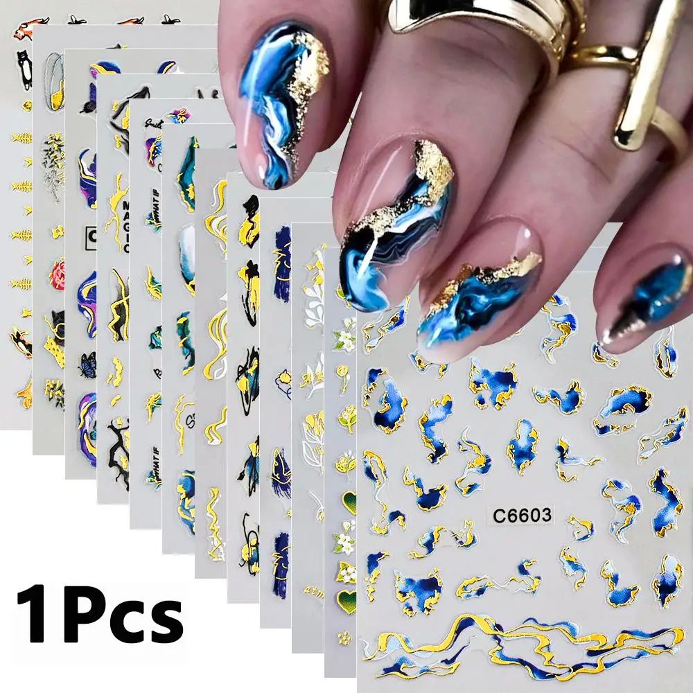 1Pcs 3D Blue Purple Marble Stripe Nail Art Stickers Bronzing