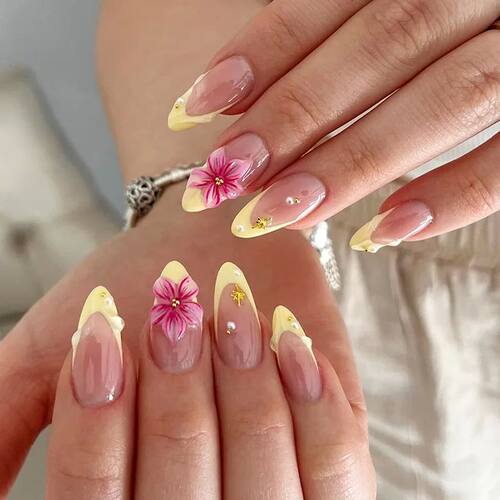 24Pcs Yellow French Full Cover Nails Tips Mid-length Almond