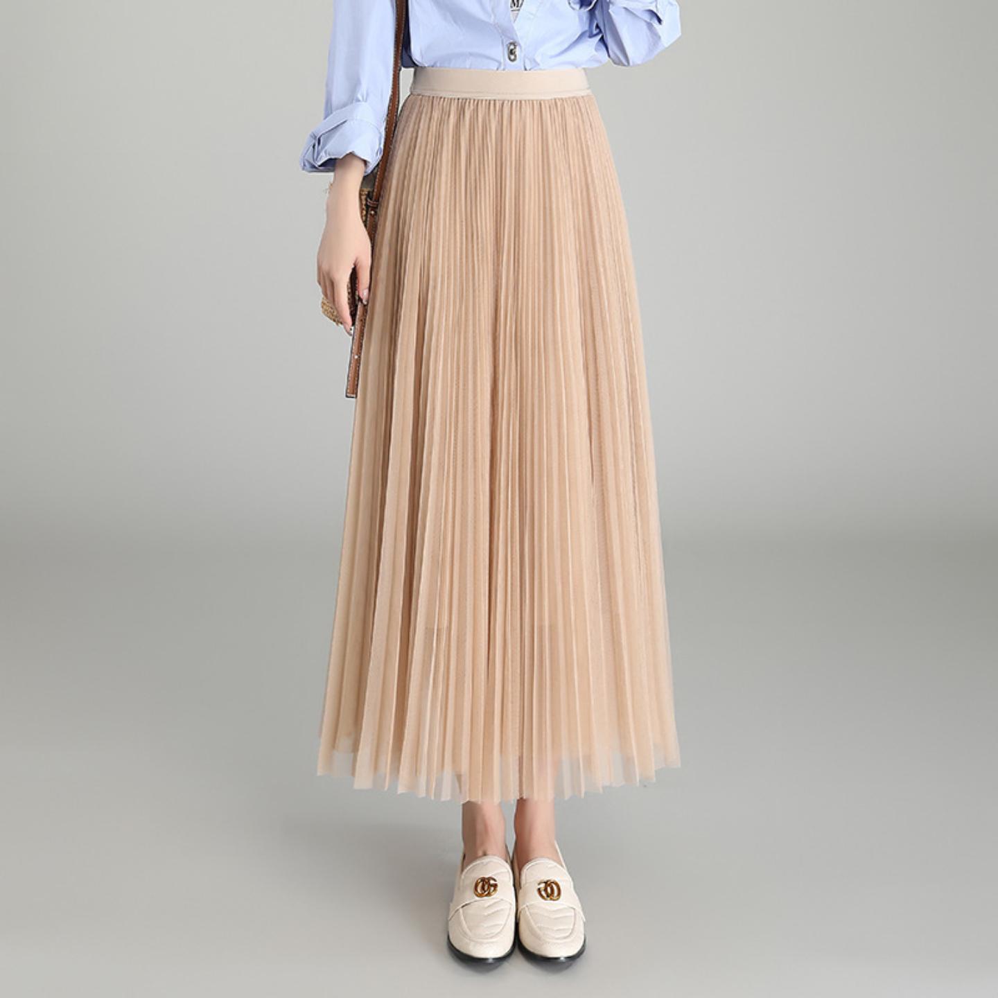 卡其色网纱百褶长裙女2025新款