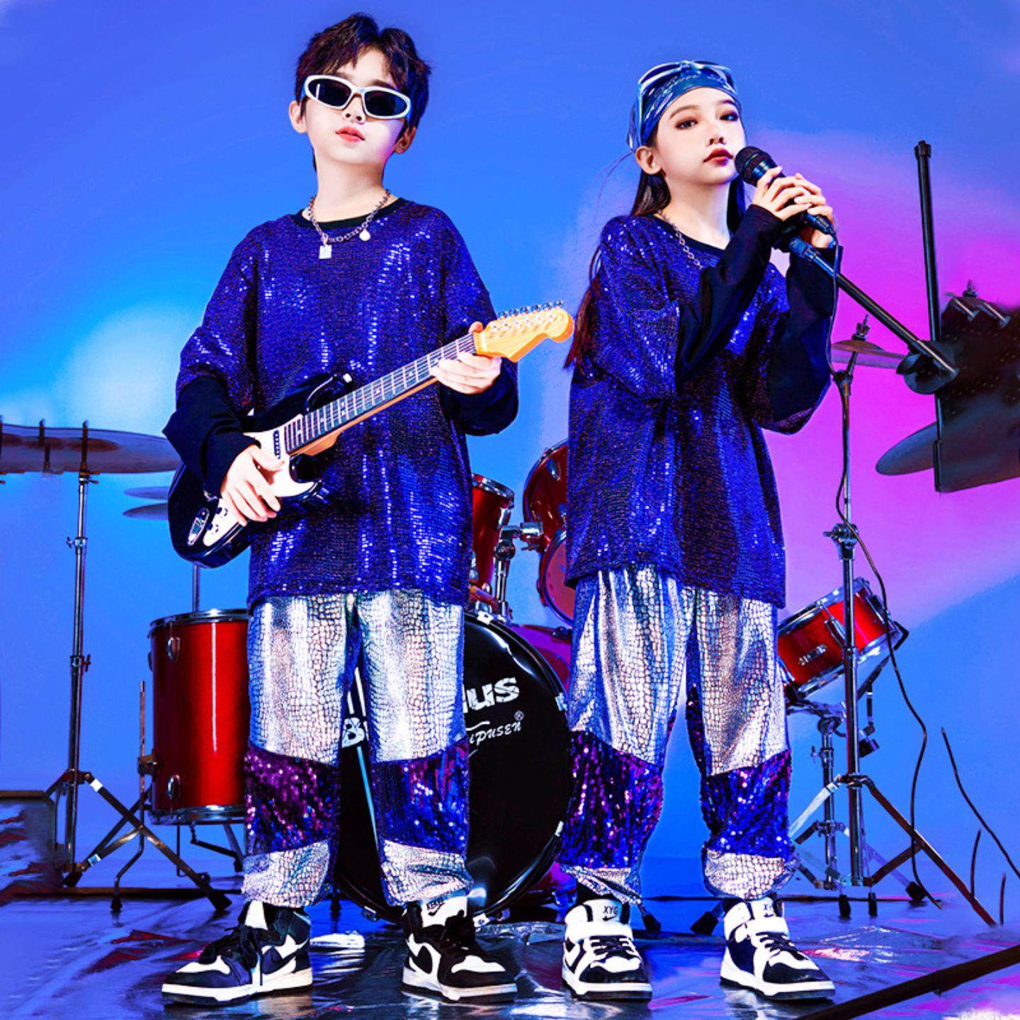 架子鼓演出服儿童街舞潮服嘻哈男童酷炫新年女童舞蹈亮片舞台服装