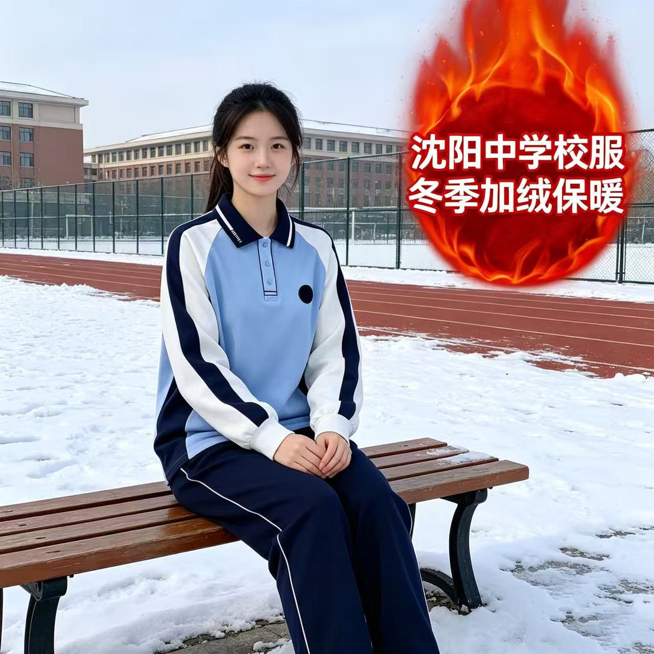 冬季加绒保暖长袖翻领撞色校服