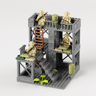 军事基地重兵堡垒二战废墟房子防御战壕地下室积木男孩子6岁以上
