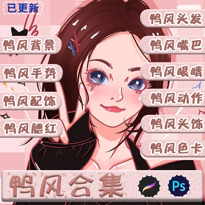 鸭风procreate笔刷ps笔刷鸭风眼睛嘴巴头发头饰动作姿势色卡背景