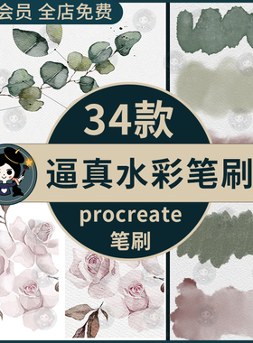 procreate笔刷逼真水彩水墨绘画晕染水痕质感淡彩厚涂小清新色卡