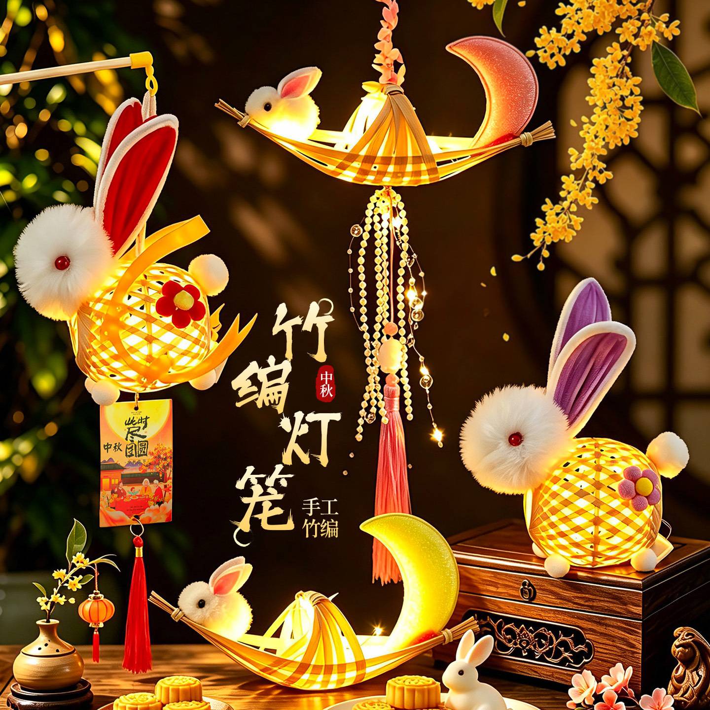 中秋节竹编小灯笼装饰挂件2026新款儿童手提发光兔子花灯挂饰成品图片