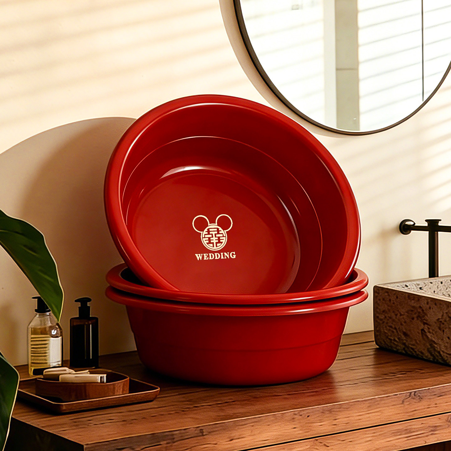 结婚喜盆一对装加厚女方陪嫁红色洗脸盆毛巾新娘嫁妆套装婚庆用品