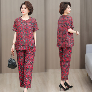 新款 奶奶套装 韩版 宽松短袖 印花 中老年女装 棉绸两件套女时尚 夏季