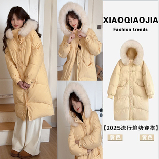 棉服女中长款2025年冬季新款韩版过膝棉衣宽松加厚毛领棉袄外套