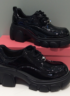 HS252506哈森正品2025春厚底乐福鞋女韩版漆皮系带圆头轻质单鞋