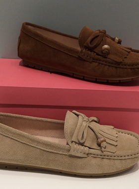 HL257406哈森正品2025秋休闲反绒皮豆豆鞋女流苏圆头一脚蹬舒适