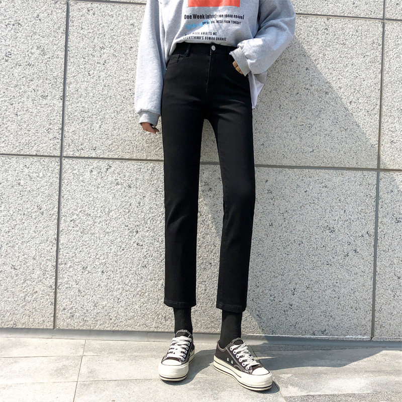 九分黑色小直筒牛仔裤女2020新款修身显瘦百搭高腰弹力八分烟管裤