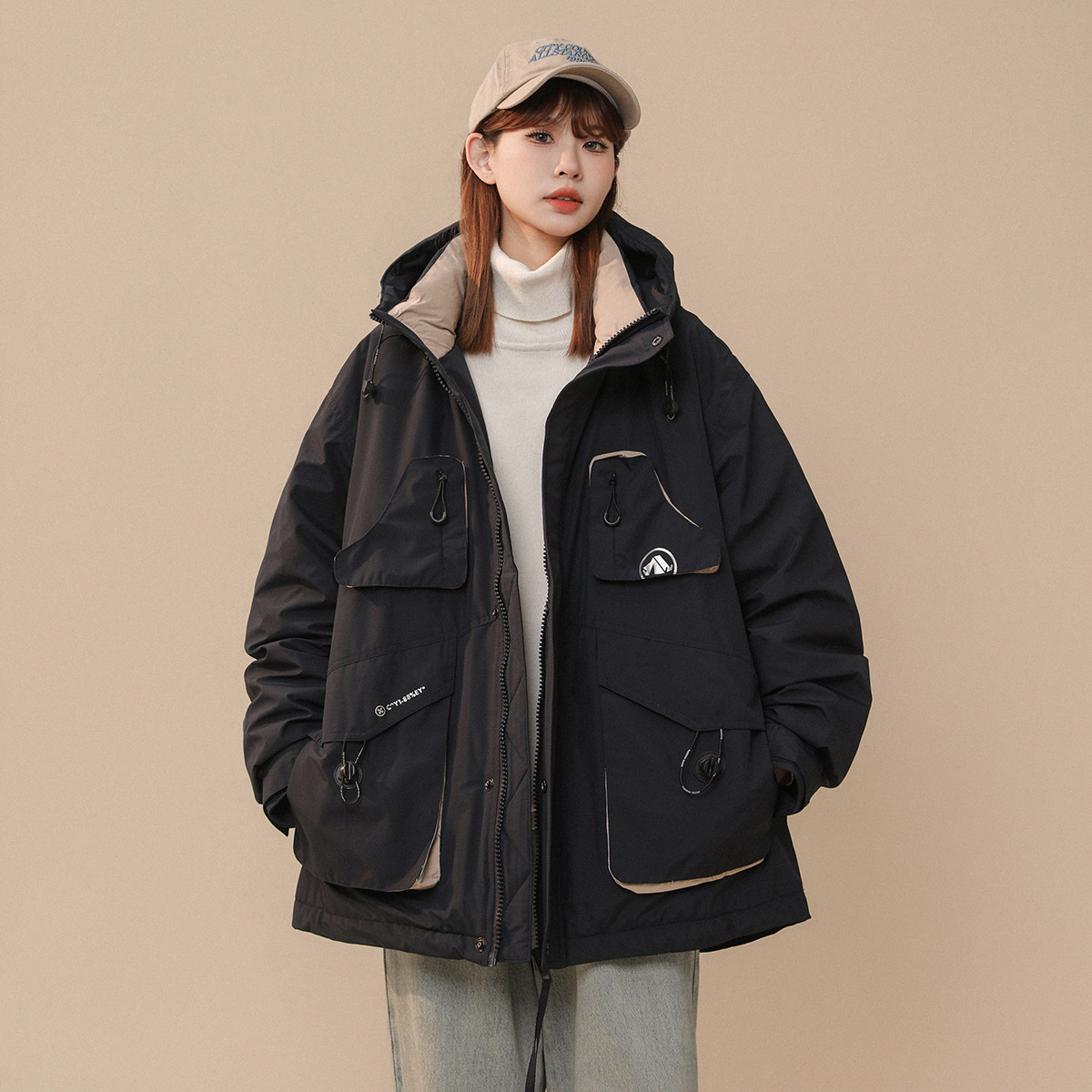 2023年美拉德色系工装多口袋连帽白鸭绒羽绒服XZ415-YR2006-P268,男装羽绒服,星座416