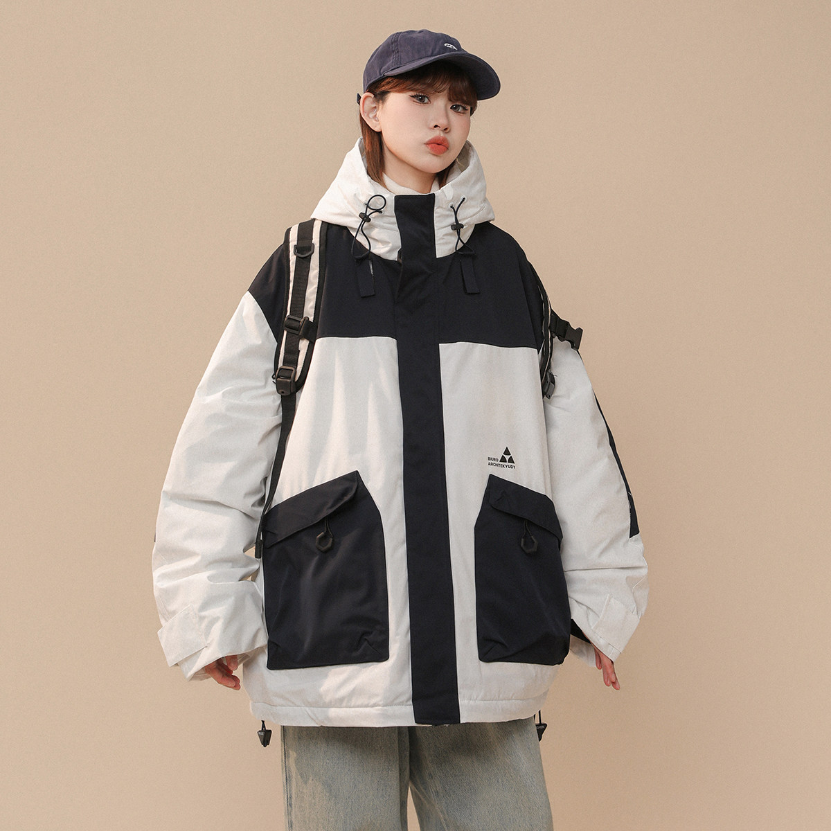 2024年冬季工装美式复古连帽拼色白鸭绒羽绒服XZ415-YR2007-P268,男装羽绒服,星座416